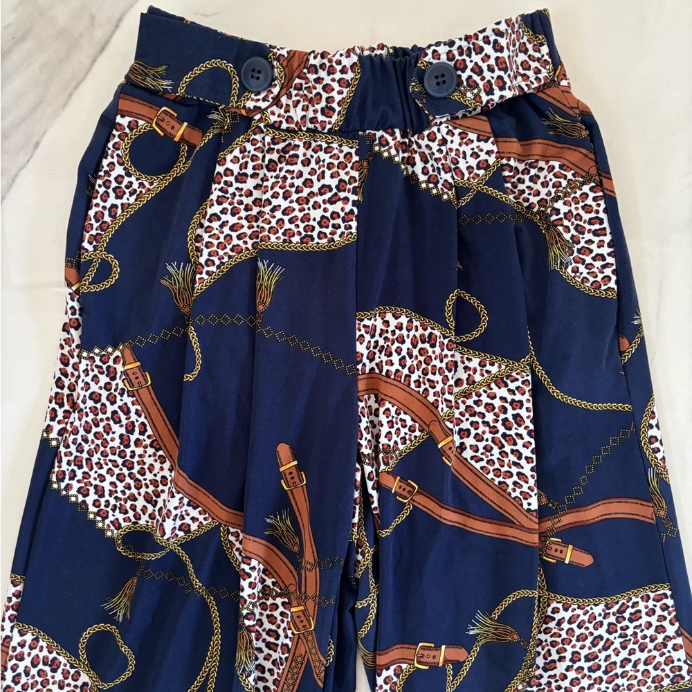 Robert Louis Navy Wide-Leg Printed Jumpsuit Pants with Brown & White Motif - Picture 3 of 8